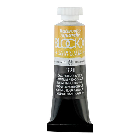 BLOCKX 15ml watercolour tube in Cadmium Red Orange, featuring light-resistant pigments for vibrant, long-lasting art.