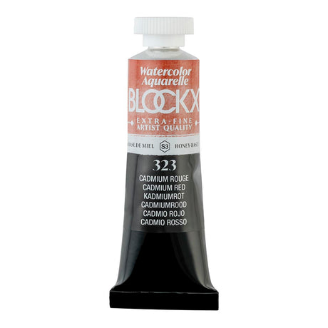 Vibrant BLOCKX 15ml watercolour tube in Cadmium Red, crafted with light-resistant pigments for brilliant, luminous artwork.