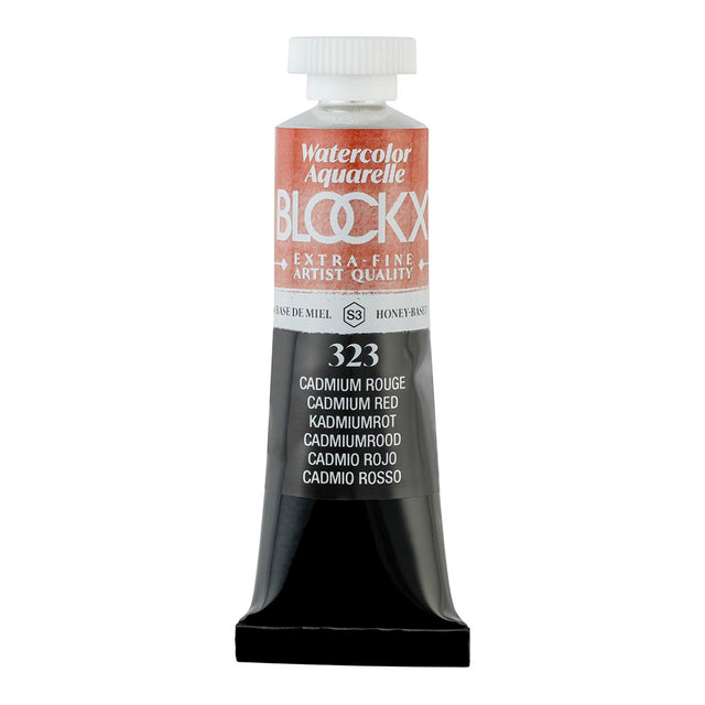 Vibrant BLOCKX 15ml watercolour tube in Cadmium Red, crafted with light-resistant pigments for brilliant, luminous artwork.