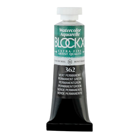 BLOCKX 15ml S3 362 Permanent Green watercolour tube showcasing vibrant, light-resistant green pigment for artists.