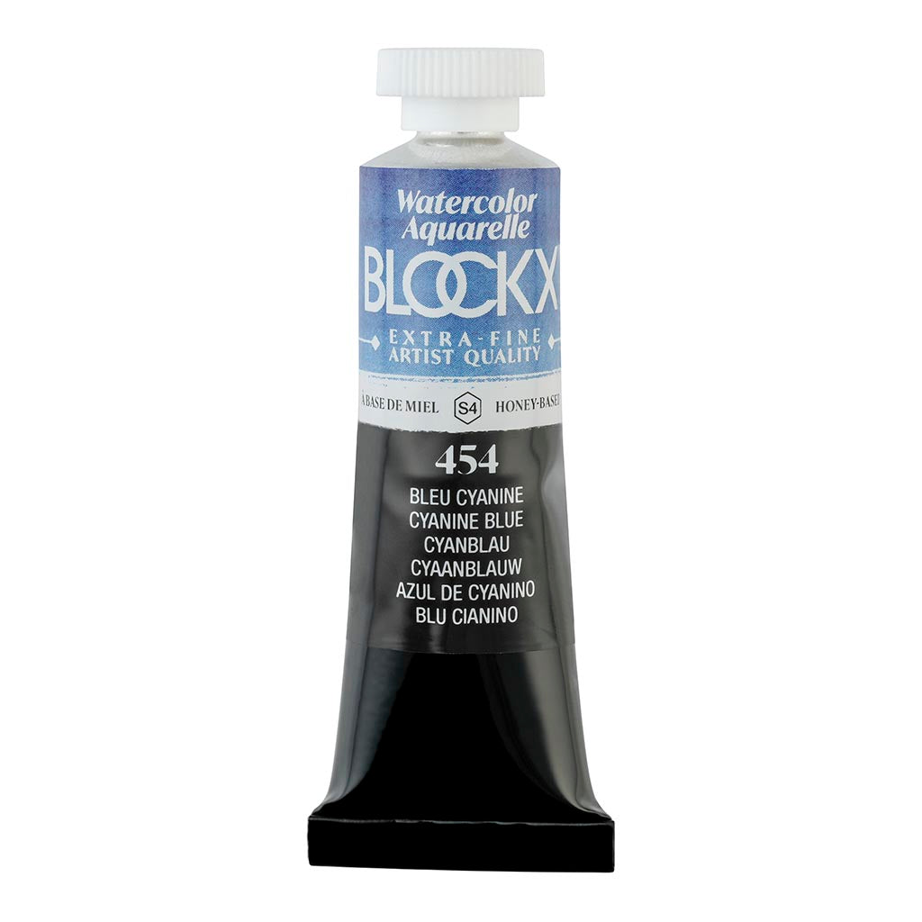 BLOCKX 15ml Watercolour Tube in Cyanine Blue, featuring vibrant, lightfast pigments for stunning, transparent artistry.