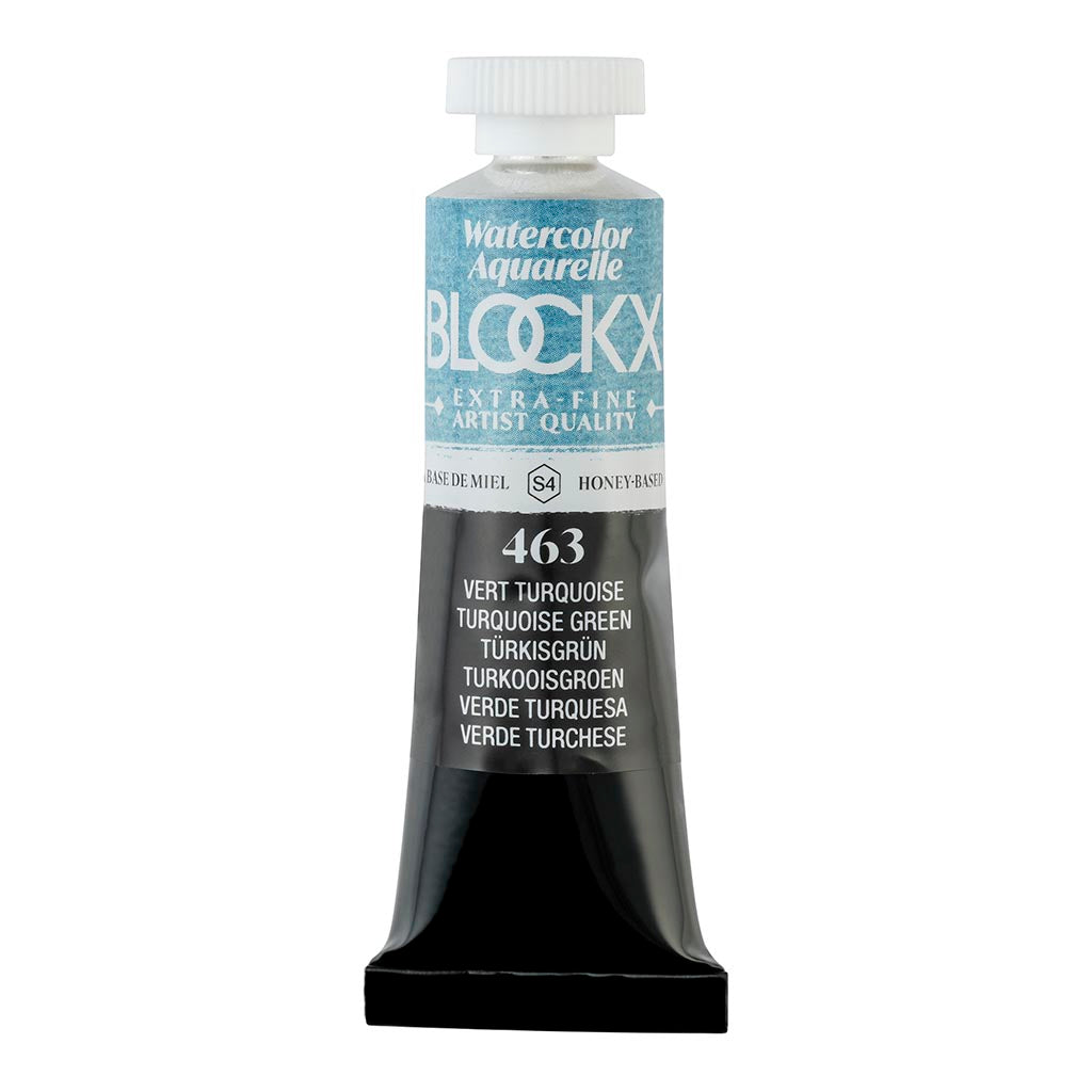 Vibrant 15ml BLOCKX Turquoise Green watercolour tube, perfect for artists seeking rich color and durability.