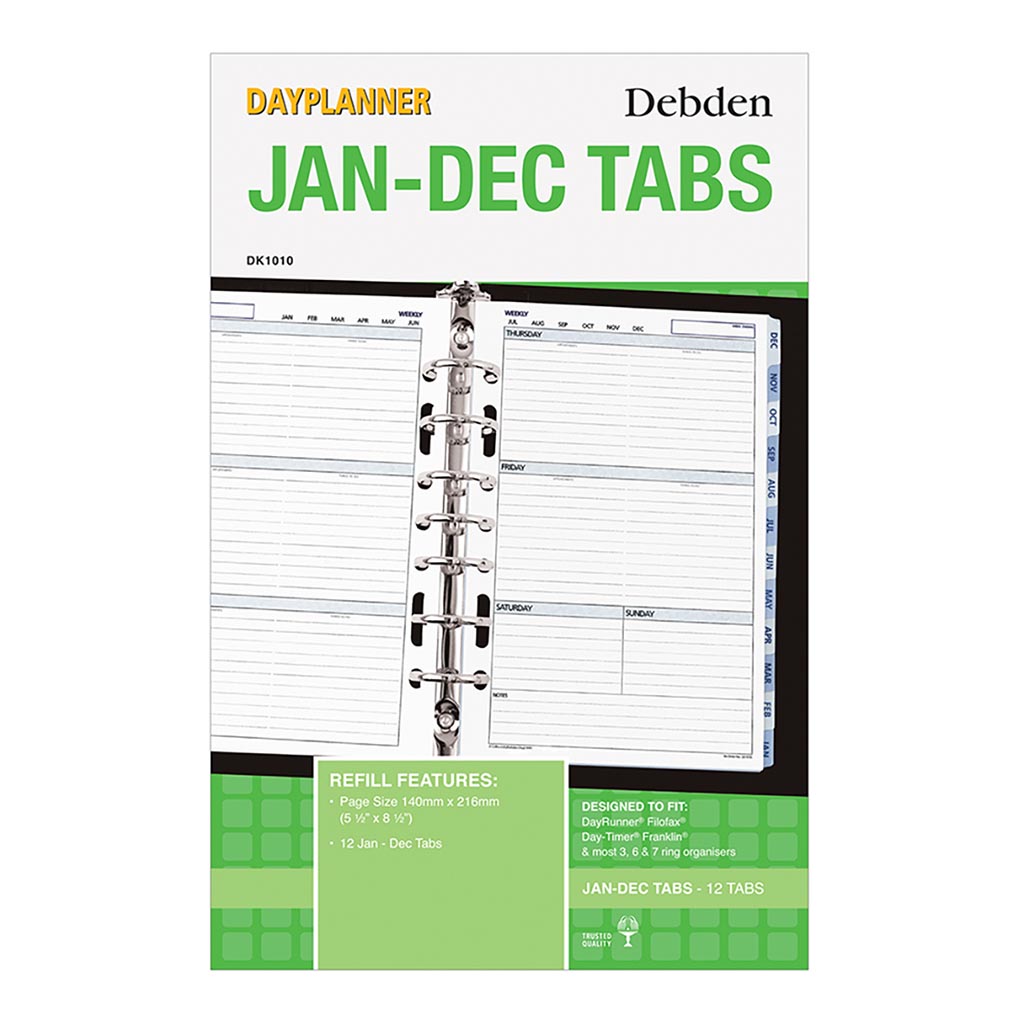 Debden Desk Dayplanner Tabs with Jan-Dec labels for easy navigation, vibrant colors, and premium white paper.