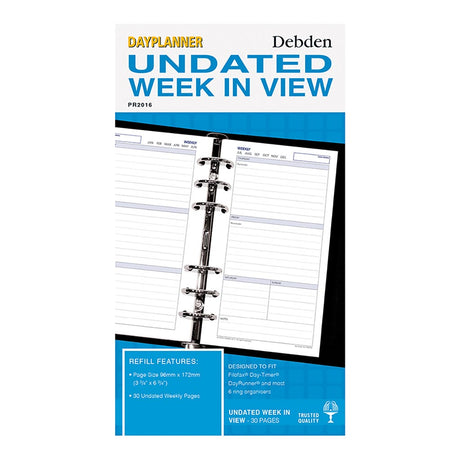 Undated week-to-view refill for Debden Personal Dayplanner with 30 quality white paper pages.