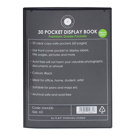 Black A3 display book with 30 clear pockets for organizing and protecting important documents and presentations.