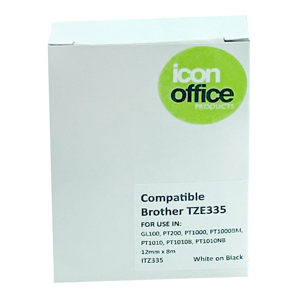 Icon Compatible Brother TZ Tape 12mm, durable white-on-black labels for organizing files, signs, and cables in a workspace.