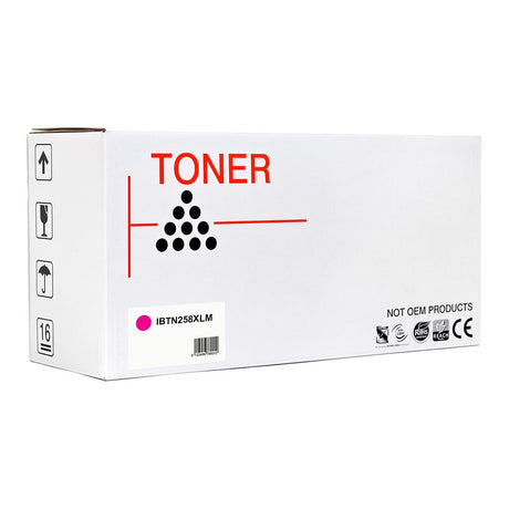 Magenta toner cartridge compatible with Brother printers, prints 2,300 pages, delivers vibrant colors for professional documents.