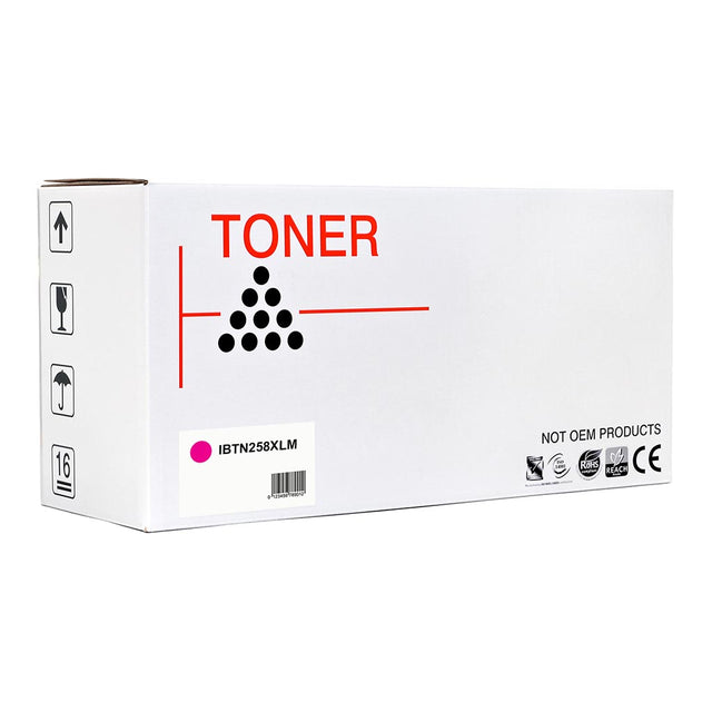 Magenta toner cartridge compatible with Brother printers, prints 2,300 pages, delivers vibrant colors for professional documents.