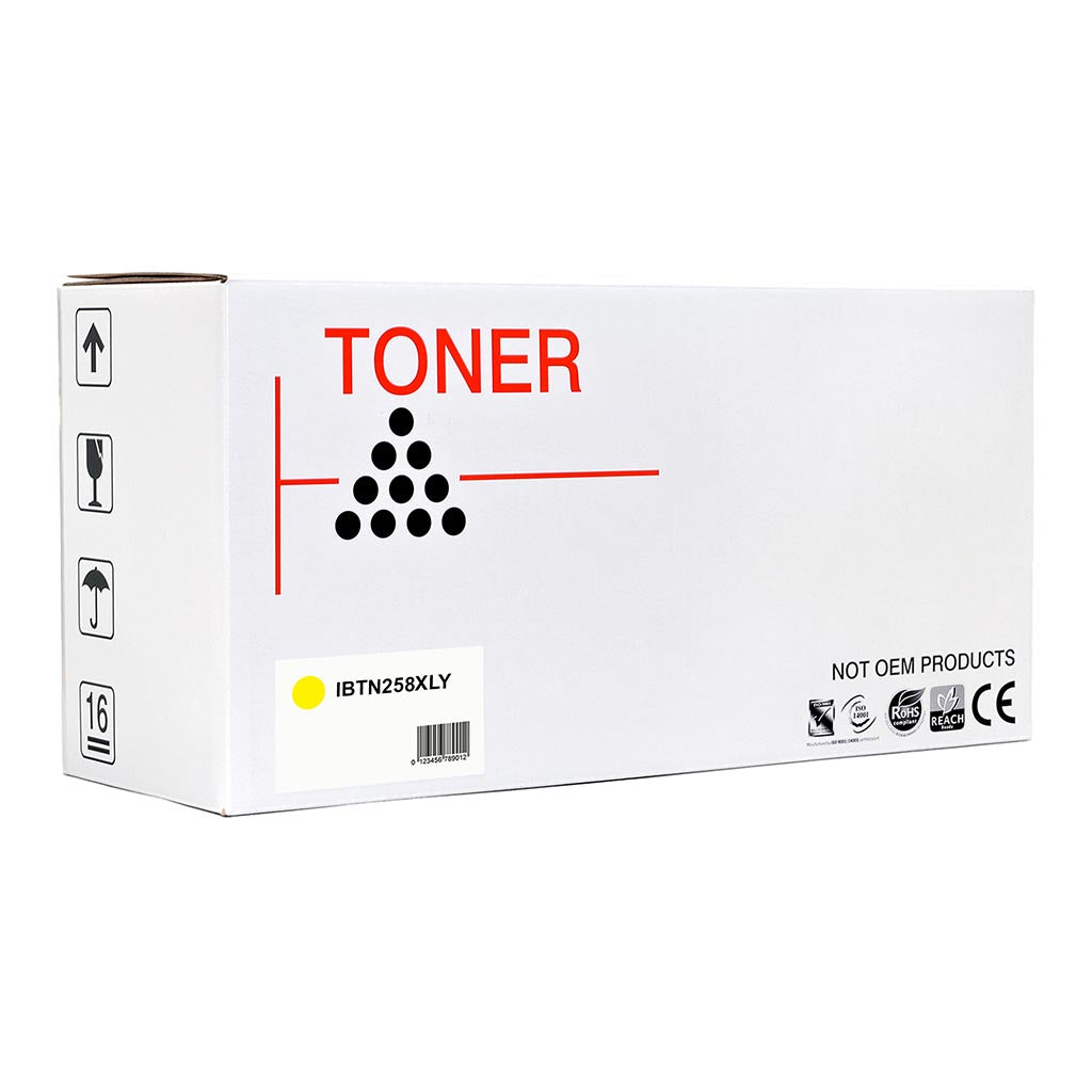 Icon Compatible Brother TN258XL Yellow Toner Cartridge for vibrant prints, yielding up to 2,300 pages, compatible with select Brother printers.