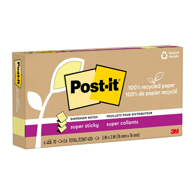 Post-it Super Sticky Pop-Up Notes in bright yellow, 76x76mm, eco-friendly, pack of 6, ideal for organized note-taking.