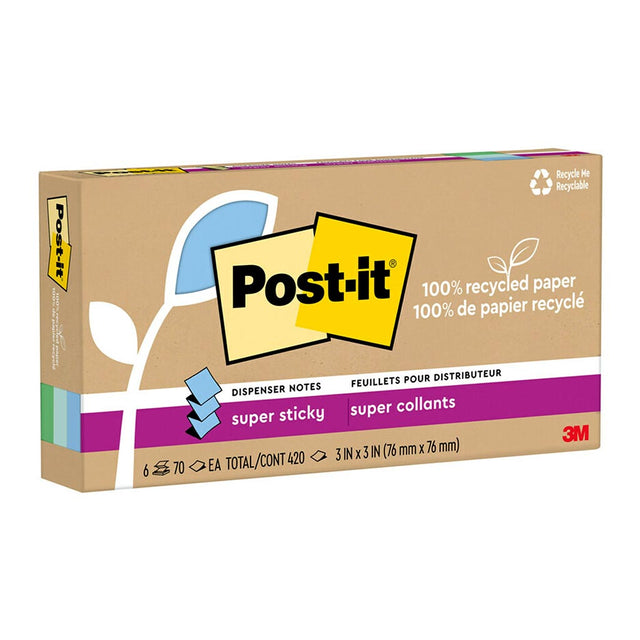 Eco-friendly Post-it Super Sticky Notes in Oasis colors, 76x76mm, pack of 6, with 2X sticking power for easy organization.