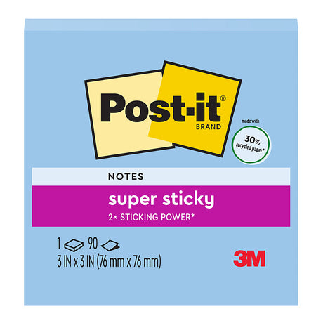 Post-it Rec Super Sticky Notes in Washed Denim, 76x76mm, featuring 2X sticking power and 90 eco-friendly sheets.