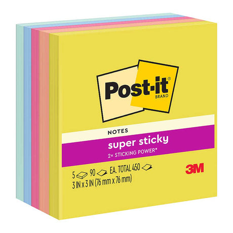 Vibrant Post-it Super Sticky Notes in Summer Joy colors, 76x76mm, 2X sticking power, pack of 5 pads with 90 sheets each.