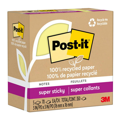 Post-it Super Sticky Notes in vibrant yellow, 76mm x 76mm, pack of 5, made from 100% recycled paper with strong adhesive.