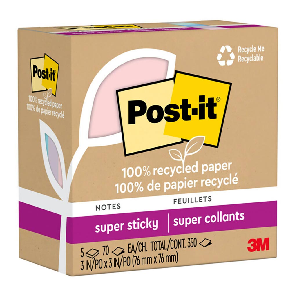 Vibrant pack of 5 eco-friendly Post-it Super Sticky Notes, 76mm x 76mm, perfect for reminders and organization with 2X sticking power.