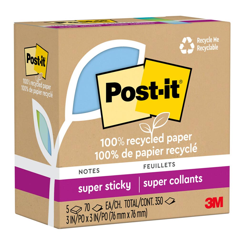 Vibrant Oasis Super Sticky Notes (76x76mm) in eco-friendly pack of 5, featuring 2X sticking power for key reminders.