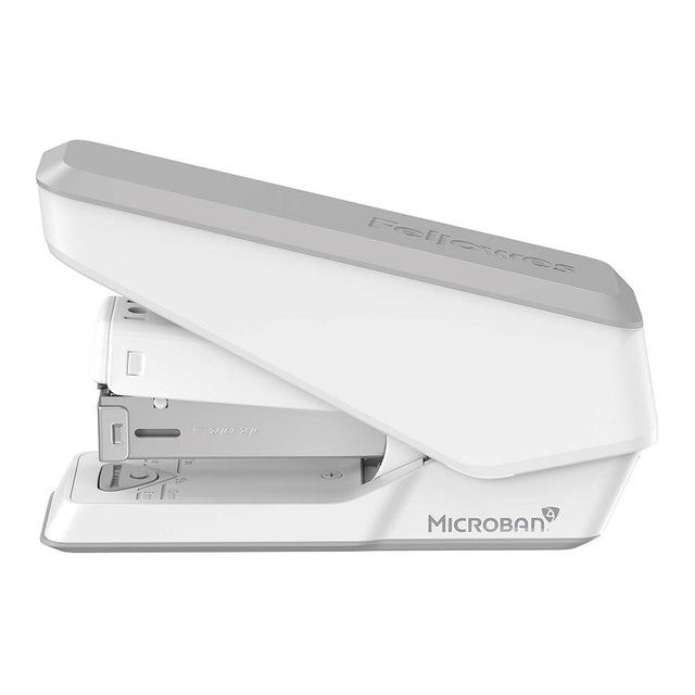 Fellowes LX840 white stapler, staples up to 25 sheets, features Microban protection, detachable remover, and soft-grip handle.