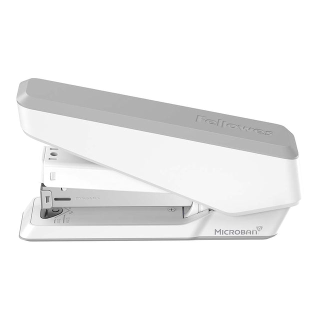 Fellowes LX850 EasyPress stapler in white, staples up to 25 sheets, features Microban, soft-grip, and low staple indicator.