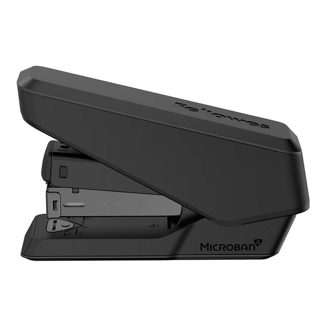 Fellowes LX840 black stapler with ergonomic design, staples 25 sheets, jam-free, antibacterial, includes staple remover.