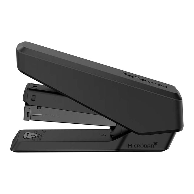 Fellowes LX850 EasyPress stapler in black, staples up to 25 sheets, features Microban technology, removable staple remover, and soft-grip handle.