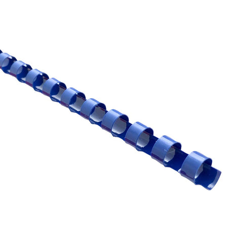 Blue plastic binding coils, 10mm, pack of 25, for organizing up to 65 sheets, compatible with standard binding machines.