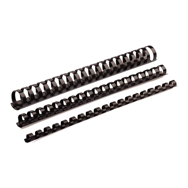 Black 8mm plastic binding coils, pack of 100, ideal for securely binding 21-40 page documents with a professional finish.