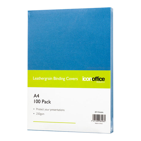 A pack of 20 blue A4 binding covers, 250gsm, featuring a leather-like texture for stylish document protection.