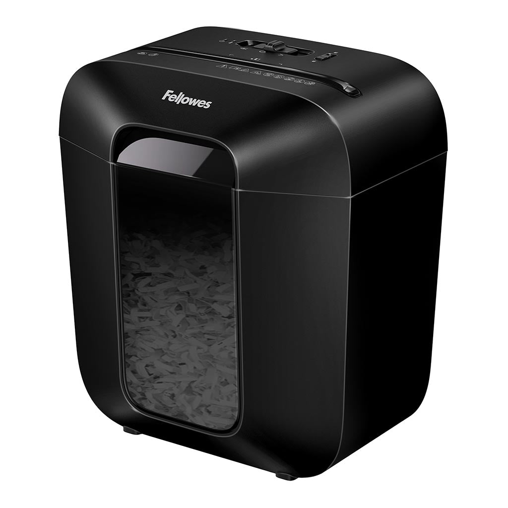 Fellowes Powershred LX10: compact cross-cut shredder for home office, shreds 6 sheets into 4x37mm particles with safety features.