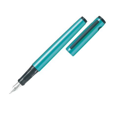 Pilot Explorer Fountain Pen in Metallic Emerald Blue, featuring a fine tip and a lightweight resin barrel for everyday use.