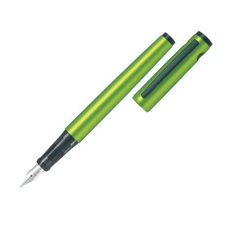 Pilot Explorer Fountain Pen in Metallic Lime Green with fine stainless steel nib, lightweight design, and airtight cap for durability.