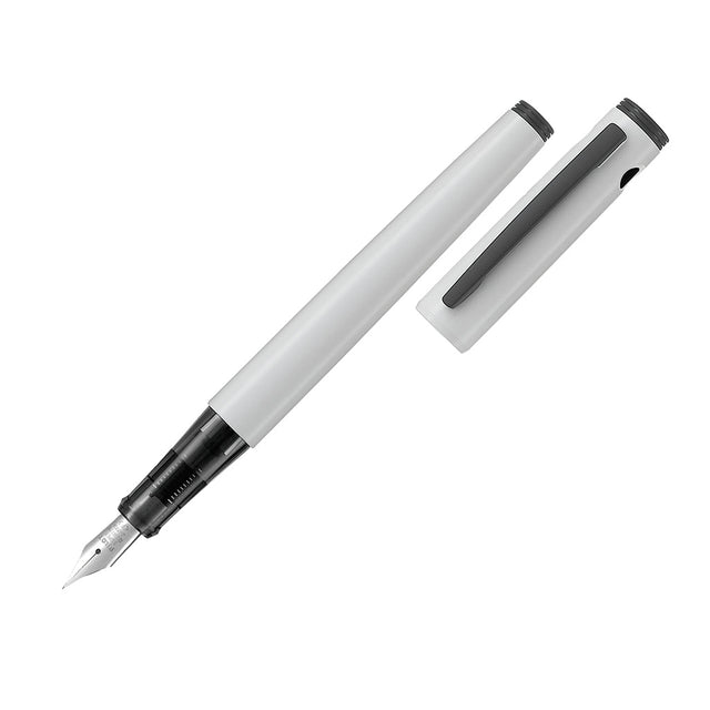 Elegant Pilot Explorer Fountain Pen in fine white with stainless steel nib, lightweight design, and airtight cap mechanism.