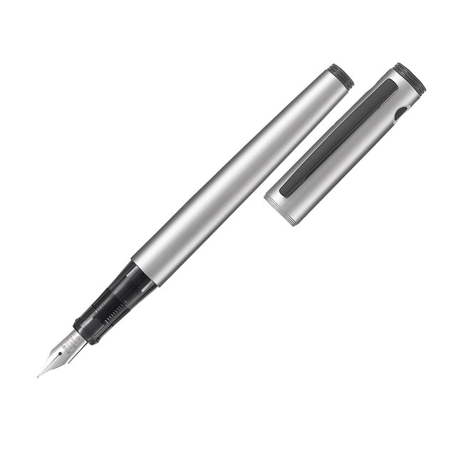 Pilot Explorer Fountain Pen in silver, featuring a lightweight resin barrel, medium stainless steel nib, and airtight cap.