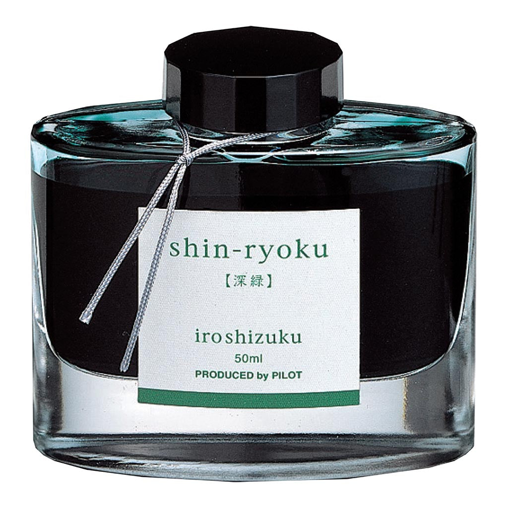 Bottle of Pilot Iroshizuku 50ml ink in Forest Green (Shin-ryoku), ideal for fountain pens and artistic expression.