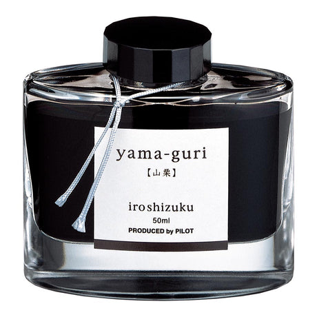 Pilot Iroshizuku Wild Chestnut Yama-guri 50ml ink, featuring rich earthy tones in an elegant glass bottle for exceptional writing.