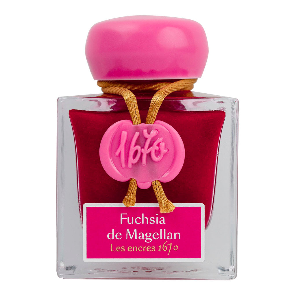 Jacques Herbin 1670 Fuchsia de Magellan ink in 50ml, featuring vibrant fuchsia hue and gold glitter for elegant writing.