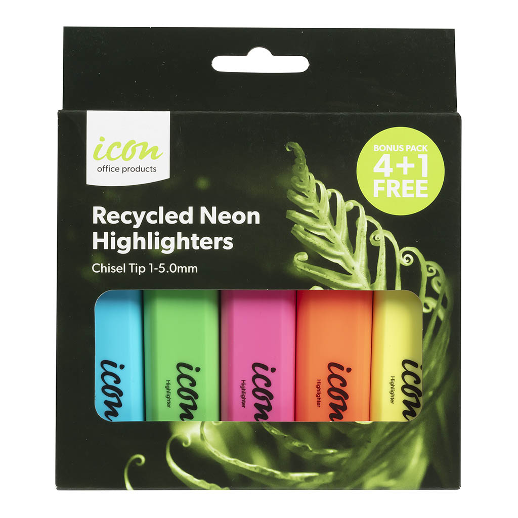 Neon chisel tip highlighters in a 4+1 bonus pack, made from 70% recycled materials for eco-friendly studying.