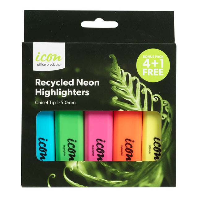 Neon chisel tip highlighters in a 4+1 bonus pack, made from 70% recycled materials for eco-friendly studying.