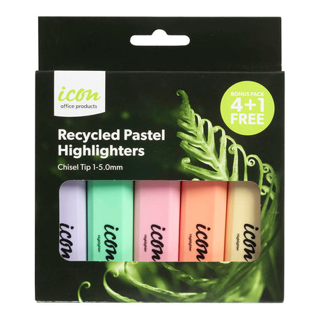 Pastel colored Eco-friendly highlighters with chisel tips in a 4+1 bonus pack, designed for versatile highlighting and note-taking.