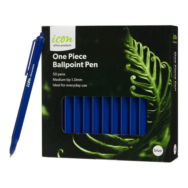 Pack of 50 Icon One Piece Blue Ballpoint Pens featuring a durable one-piece design, smooth writing, and fadeproof ink.