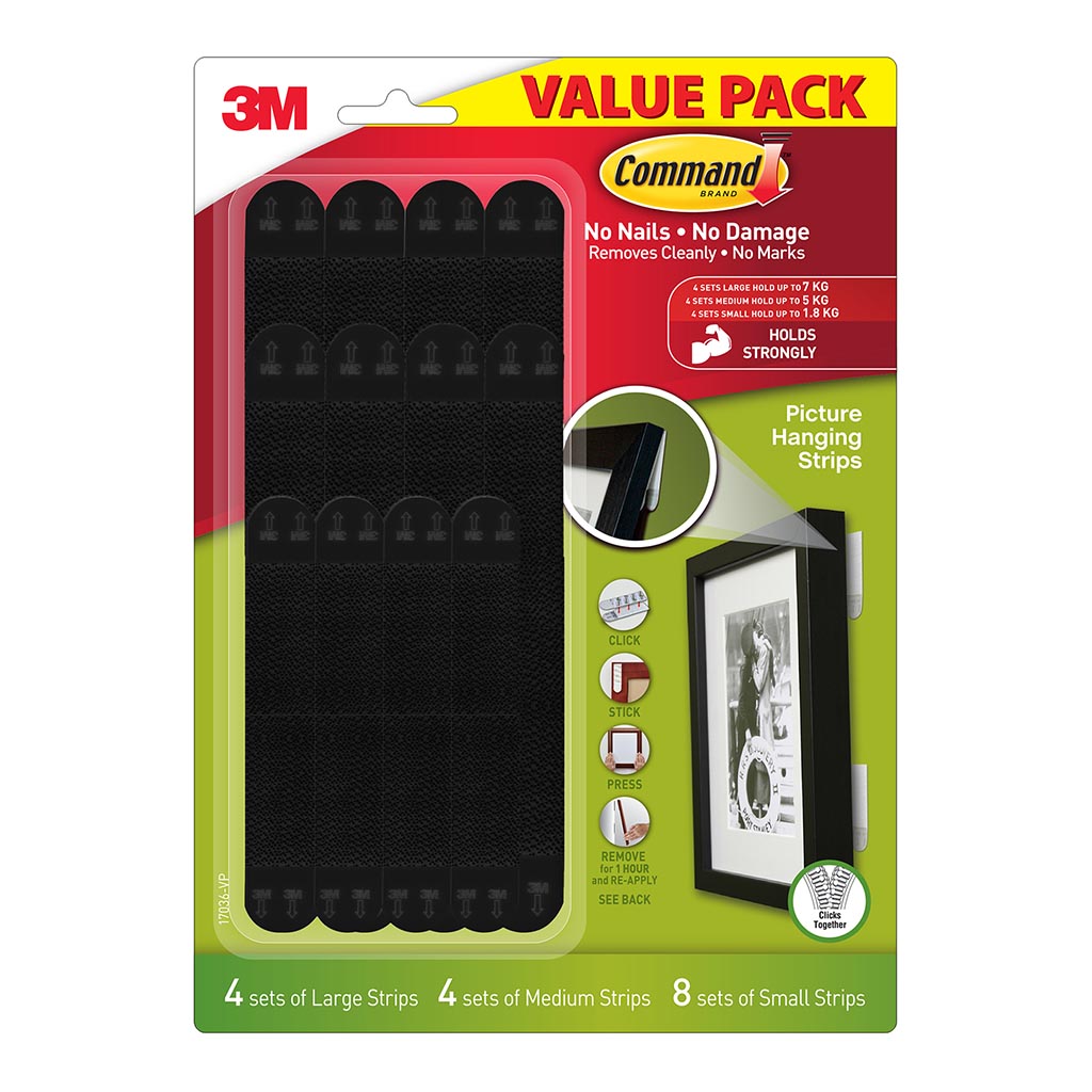 Command Picture Hanging Strips  Narrow Black Assorted, Value Pack of 16 Sets