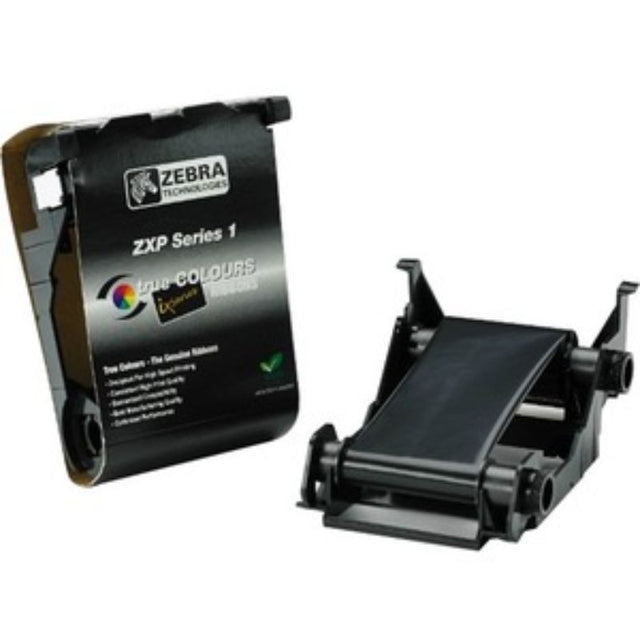 Zebra True Colours YMCKO ribbon for ZXP Series 1, prints 100 cards with automatic detection and low ribbon warning.