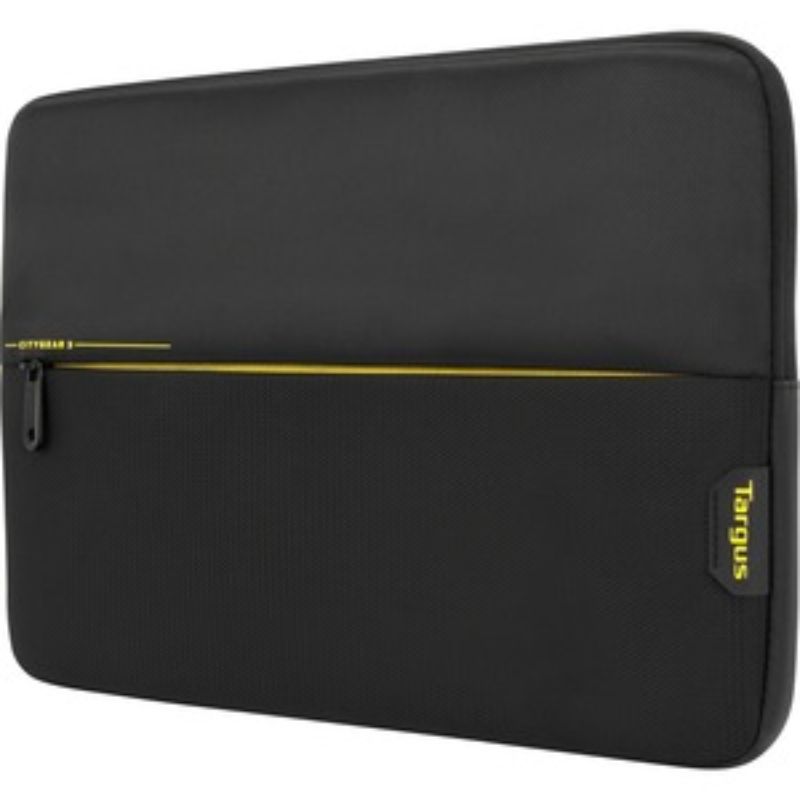 Sleek black Targus CityGear sleeve for 15.6" laptops with padded edges and zipped front pocket for accessories.