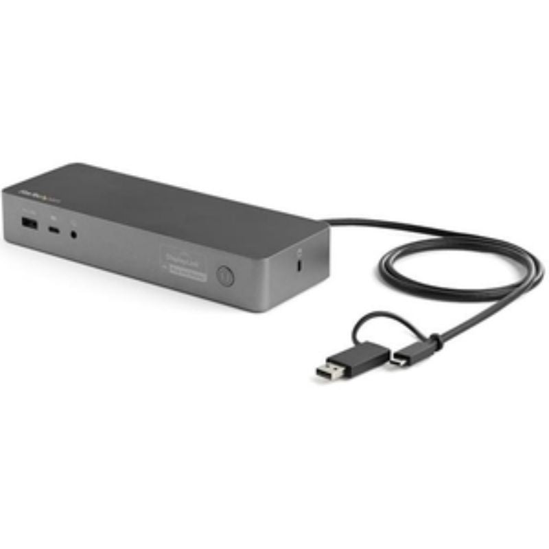 USB-C & USB-A dock station with 100W power delivery, dual 4K outputs, and universal host cable for seamless connectivity.