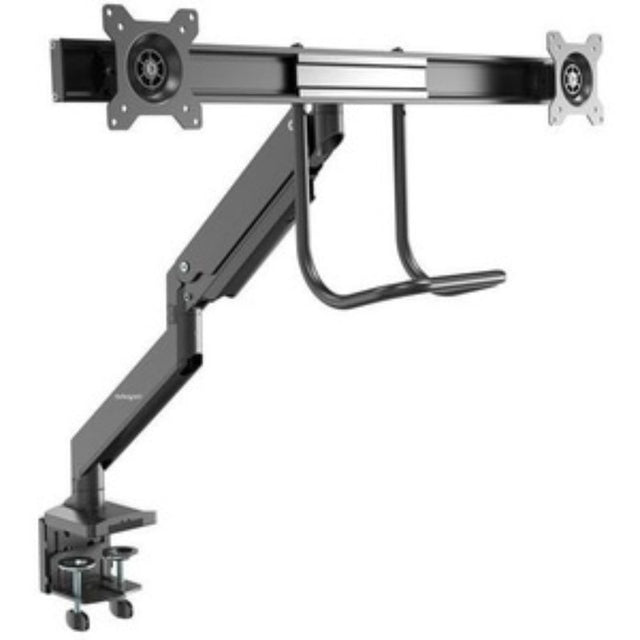 Dual monitor desk mount in black supporting two 17" to 32" displays with adjustable height and integrated cable management.