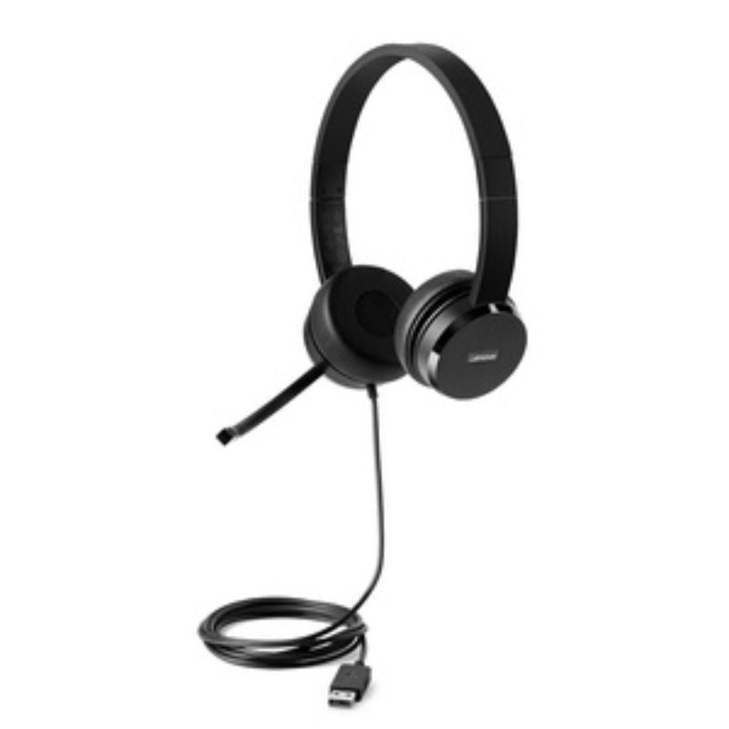 Lenovo 100 Stereo USB Headset with plush ear cushions, adjustable headband, and noise-canceling microphone for clear audio.