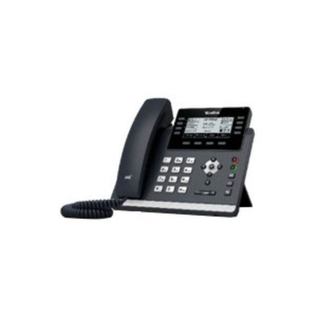 Yealink SIP-T43U IP Phone in Classic Gray, featuring a 3.7-inch display, 12 lines, HD voice, and dual USB ports for versatility.