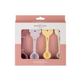 Mason Cash Meadow Measuring Spoons set of 4, featuring embossed daffodil design, ergonomic handles, and stoneware durability.