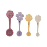 Mason Cash Meadow Measuring Spoons set of 4 with daffodil design, crafted from durable stoneware, dishwasher safe.