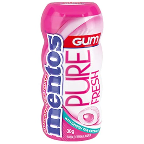 Mentos Bubble Gum 10-pack with 30g bottles, featuring chewy gum pellets for fresh breath and lasting flavor.