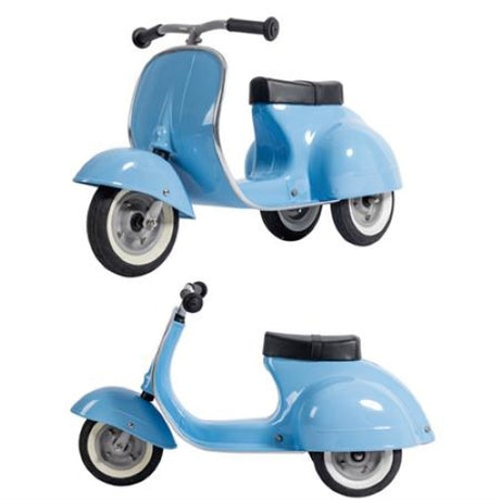 Blue Ambosstoys Primo Ride On Scooter for toddlers, featuring classic design, durable metal frame, and award-winning craftsmanship.